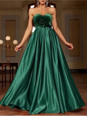 Strapless Emerald Green Satin Ball Gown Dress